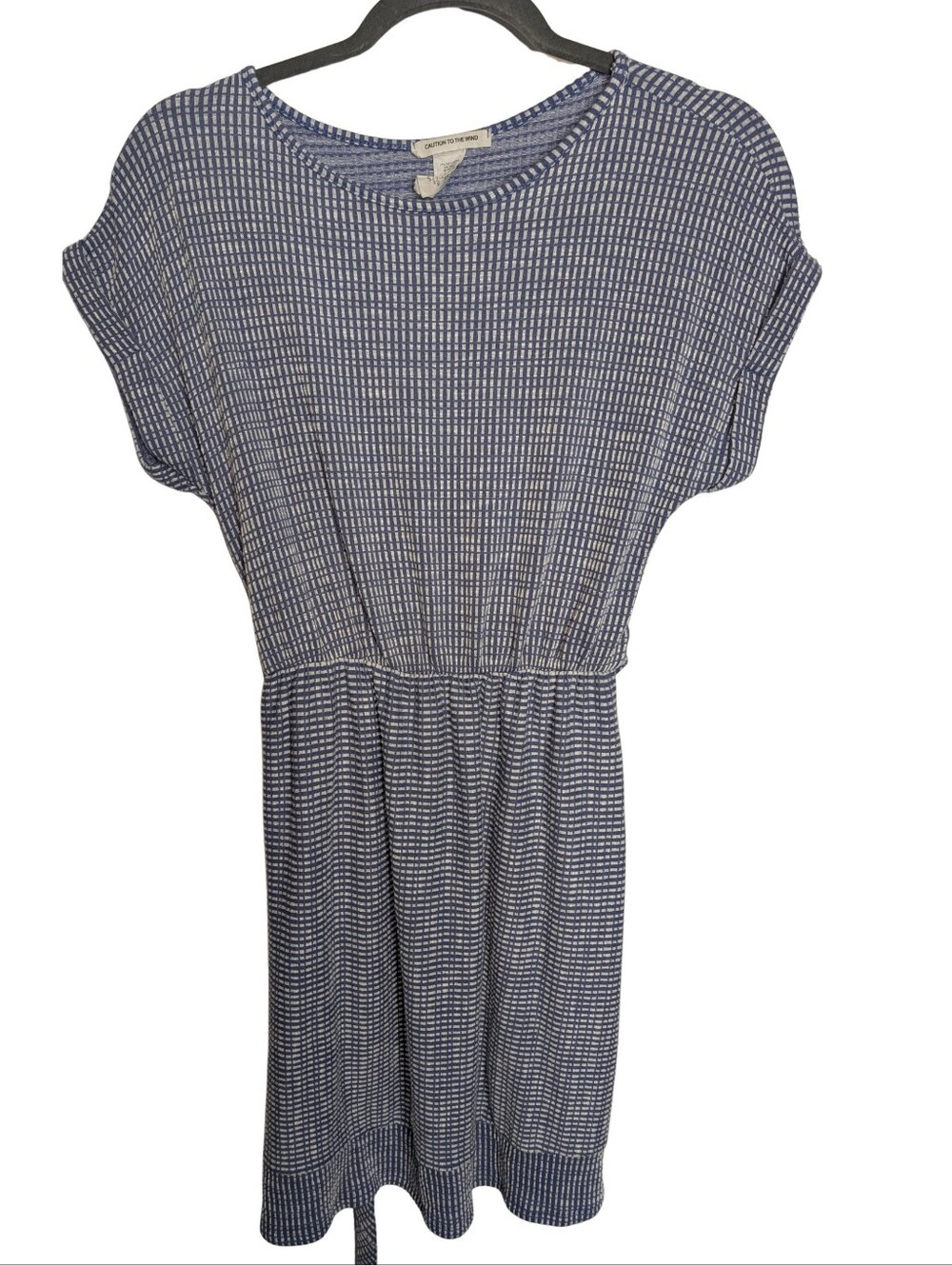 Caution To The Wind Navy Micro-Check Tie-Back Midi Dress. Size Small